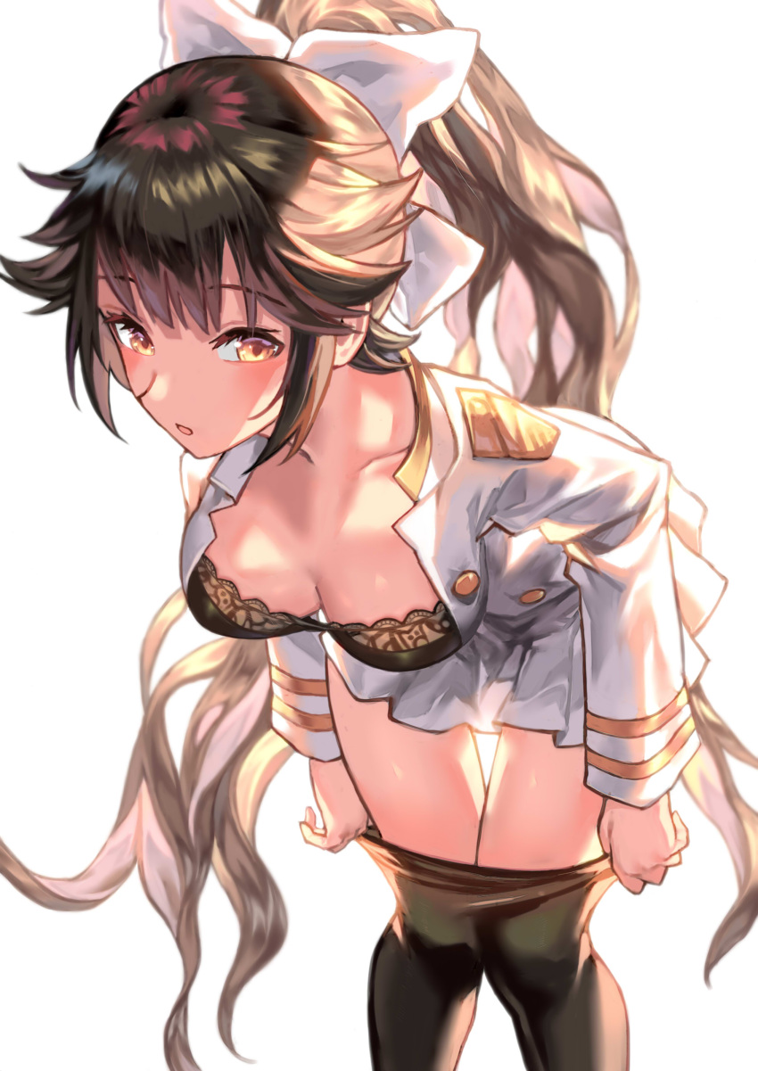 1girl absurdres adjusting_clothes adjusting_legwear azur_lane bangs black_bra black_hair black_legwear blush bow bra breasts brown_eyes denchu_(kazudentyu) eyebrows_visible_through_hair hair_bow hair_flaps highres jacket large_breasts lingerie long_hair looking_at_viewer military military_uniform mole mole_under_eye open_clothes open_jacket open_mouth pantyhose pleated_skirt ponytail ribbon skirt solo swept_bangs takao_(azur_lane) tareme underwear uniform very_long_hair white_bow