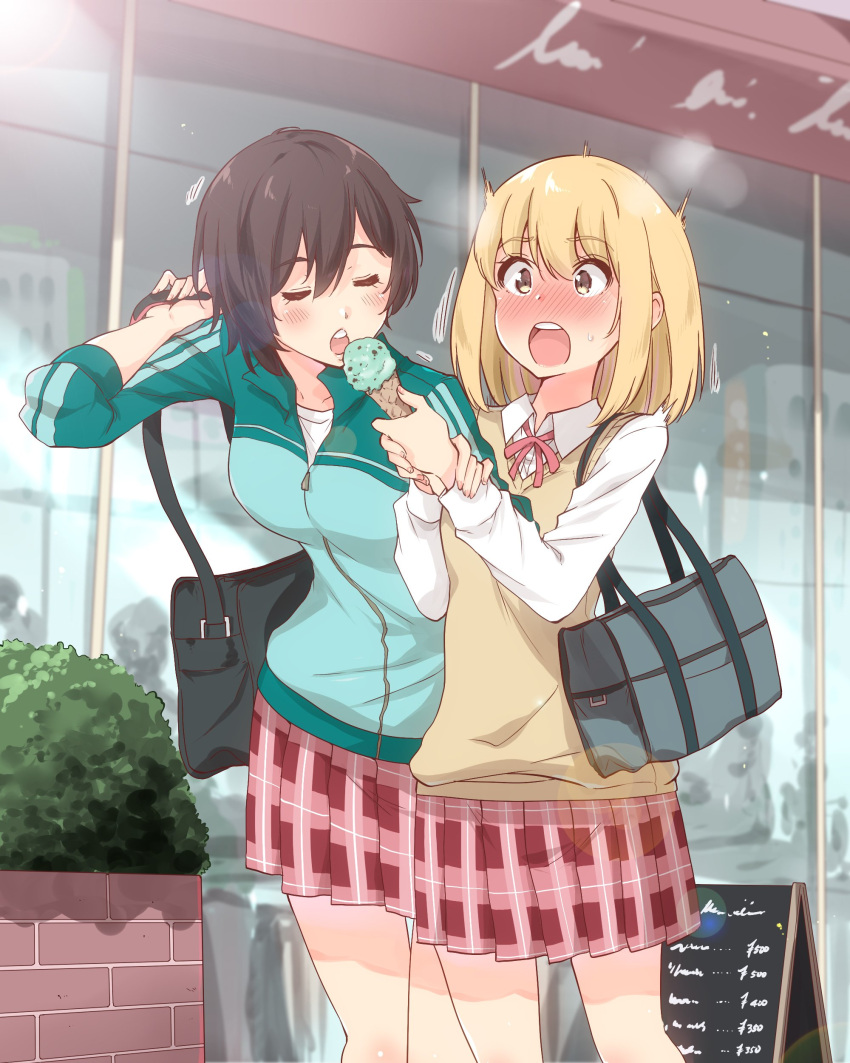 2girls absurdres arm_grab asagao_to_kase-san bag blush bush cafe closed_eyes couple food highres ice_cream jacket kase_tomoka multiple_girls nervous open_mouth sarfata school_uniform sweatdrop track_jacket trembling uniform yamada_yui yuri