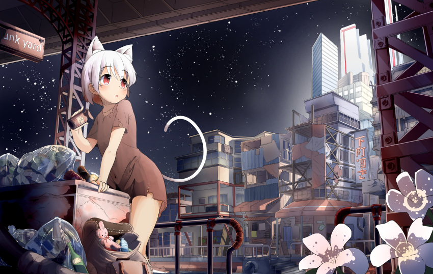 1girl animal_ears backpack bag blush bottle brown_dress building can cat_ears cat_tail collarbone commentary_request dress eyebrows_visible_through_hair flower highres holding holding_can house minato_nao night original parted_lips railing red_eyes short_hair short_sleeves sign skyscraper solo stairs standing star_(sky) stuffed_animal stuffed_bunny stuffed_toy tail torn_clothes torn_dress trash_bag white_hair