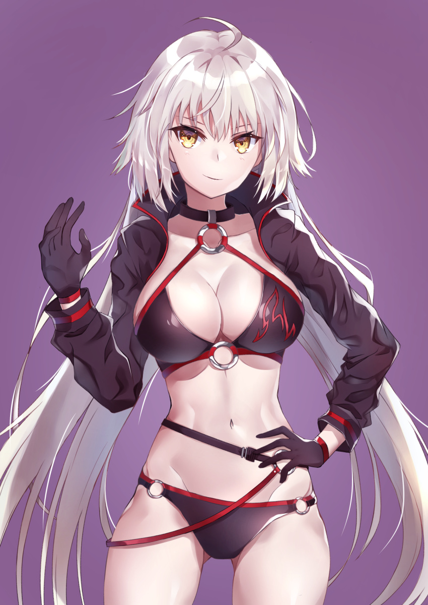 1girl absurdres ahoge atora bangs belt bikini black_bikini black_choker black_gloves black_jacket blush breasts choker closed_mouth collarbone cropped_jacket fate/grand_order fate_(series) gloves hand_on_hip highres hips jacket jeanne_d'arc_(alter_swimsuit_berserker) jeanne_d'arc_(fate)_(all) large_breasts long_hair looking_at_viewer navel o-ring o-ring_bikini pale_skin purple_background silver_hair simple_background smile solo swimsuit thighs very_long_hair waist yellow_eyes