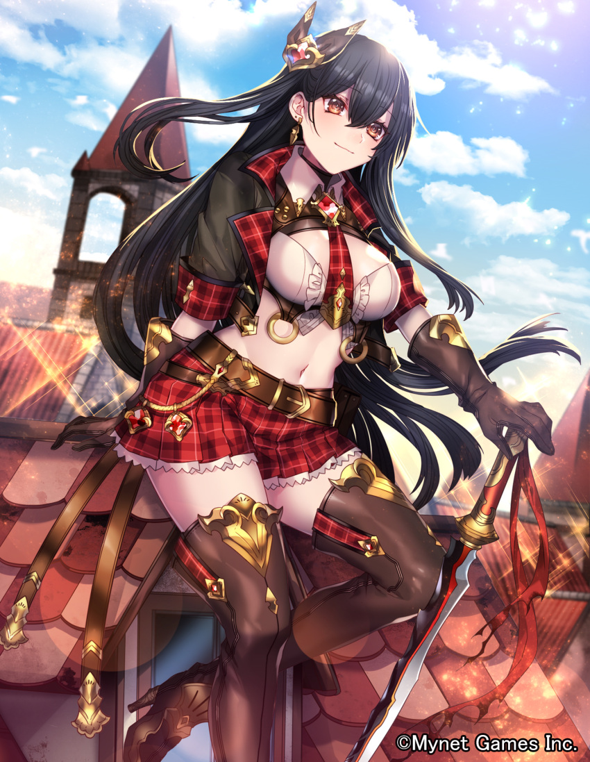 1girl bell_tower belt black_hair black_legwear blue_sky boots breasts brown_eyes brown_gloves cleavage company_name day gem gloves gold_trim gyakushuu_no_fantasica highres katagiri_hachigou long_hair midriff miniskirt navel necktie official_art outdoors plaid plaid_neckwear plaid_skirt planted_sword planted_weapon rooftop skirt sky solo sword thigh-highs thigh_boots weapon white_collar