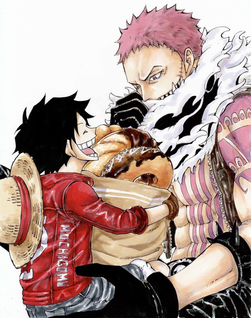2boys abs arm_tattoo armlet bag bare_chest black_gloves black_hair brown_gloves carrying charlotte_katakuri chest chest_tattoo denim denim_shorts doughnut face-to-face food gloves hat height_difference highres holding holding_bag jacket komugi_(kmgxxx) long_sleeves looking_at_another male_focus monkey_d_luffy multiple_boys muscle one_piece open_clothes open_mouth open_vest pink_eyes pink_hair red_jacket scar scarf scarf_over_mouth sharp_teeth short_hair shorts simple_background sitting smile spiked_armlet spikes stitches stomach stomach_tattoo straw_hat tattoo teeth unzipped upper_body vest white_background zipper