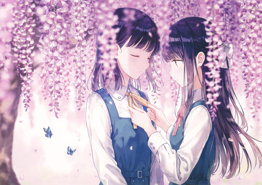 2girls adjusting_another's_clothes backlighting bangs belt belt_buckle black_hair blue_dress blunt_bangs blush bow buckle bug butterfly closed_eyes closed_mouth collared_shirt day dress eyebrows_visible_through_hair flower_request hair_bow highres hiten_(hitenkei) insect long_hair long_sleeves multiple_girls neck_ribbon original outdoors pinafore_dress pink_neckwear pink_ribbon profile ribbon scan school_uniform shirt short_hair sidelocks tree under_tree upper_body white_bow white_shirt wing_collar