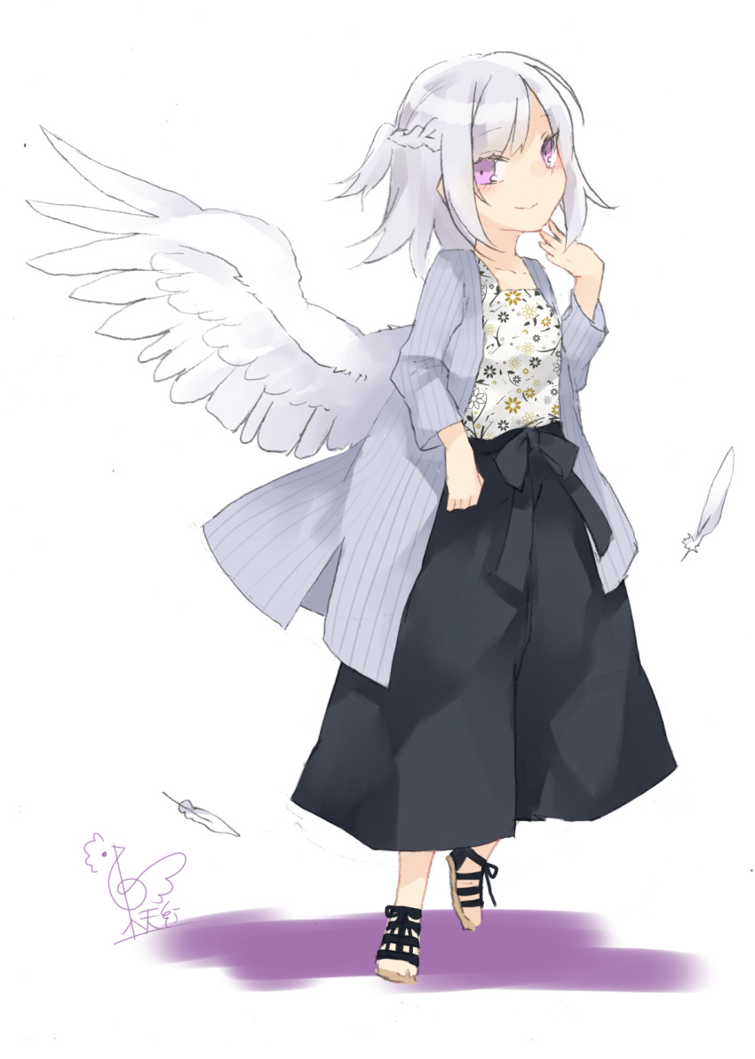 1girl alternate_costume alternate_eye_color bangs black_pants blush braid casual collarbone commentary_request contemporary eyebrows_visible_through_hair feathered_wings feathers floral_print french_braid full_body grey_jacket hand_up highres jacket kishin_sagume long_sleeves looking_at_viewer pants pink_eyes shadow shirt short_hair signature silver_hair simple_background single_wing smile solo standing standing_on_one_leg swept_bangs touhou toutenkou vertical-striped_jacket white_background white_shirt white_wings wings