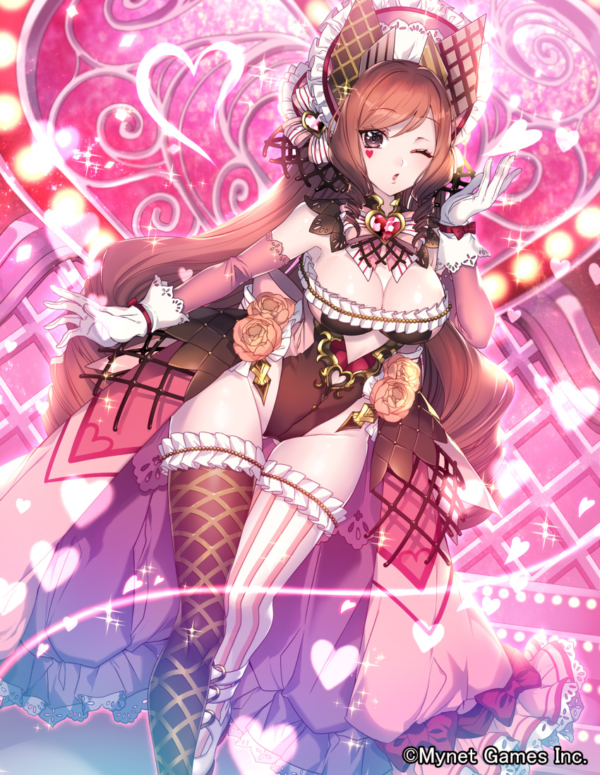 1girl ;) arm_warmers bare_shoulders breasts brown_hair brown_legwear chocolate cleavage company_name eyebrows_visible_through_hair flower food_themed_clothes food_themed_hair_ornament gem gloves gyakushuu_no_fantasica hair_ornament hand_up heart highres katagiri_hachigou large_breasts leotard long_hair mismatched_legwear official_art one_eye_closed pink_background smile standing standing_on_one_leg striped striped_legwear thigh-highs vertical-striped_legwear vertical_stripes very_long_hair white_gloves white_legwear