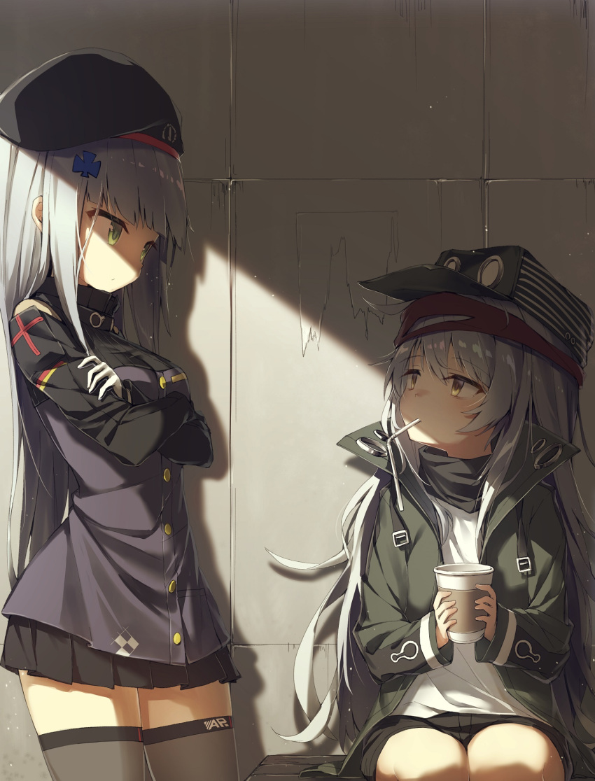 2girls bangs bendy_straw beret black_hat black_shorts black_skirt breasts brown_eyes commentary_request crossed_arms cup darnell disposable_cup drinking_straw eye_contact eyebrows_visible_through_hair formal g11_(girls_frontline) girls_frontline green_eyes green_hat green_jacket grey_legwear hair_between_eyes hat highres hk416_(girls_frontline) jacket korean_commentary long_hair looking_at_another looking_to_the_side medium_breasts mouth_hold multiple_girls peaked_cap pleated_skirt purple_jacket short_shorts shorts silver_hair sitting skirt standing suit thigh-highs very_long_hair white_suit