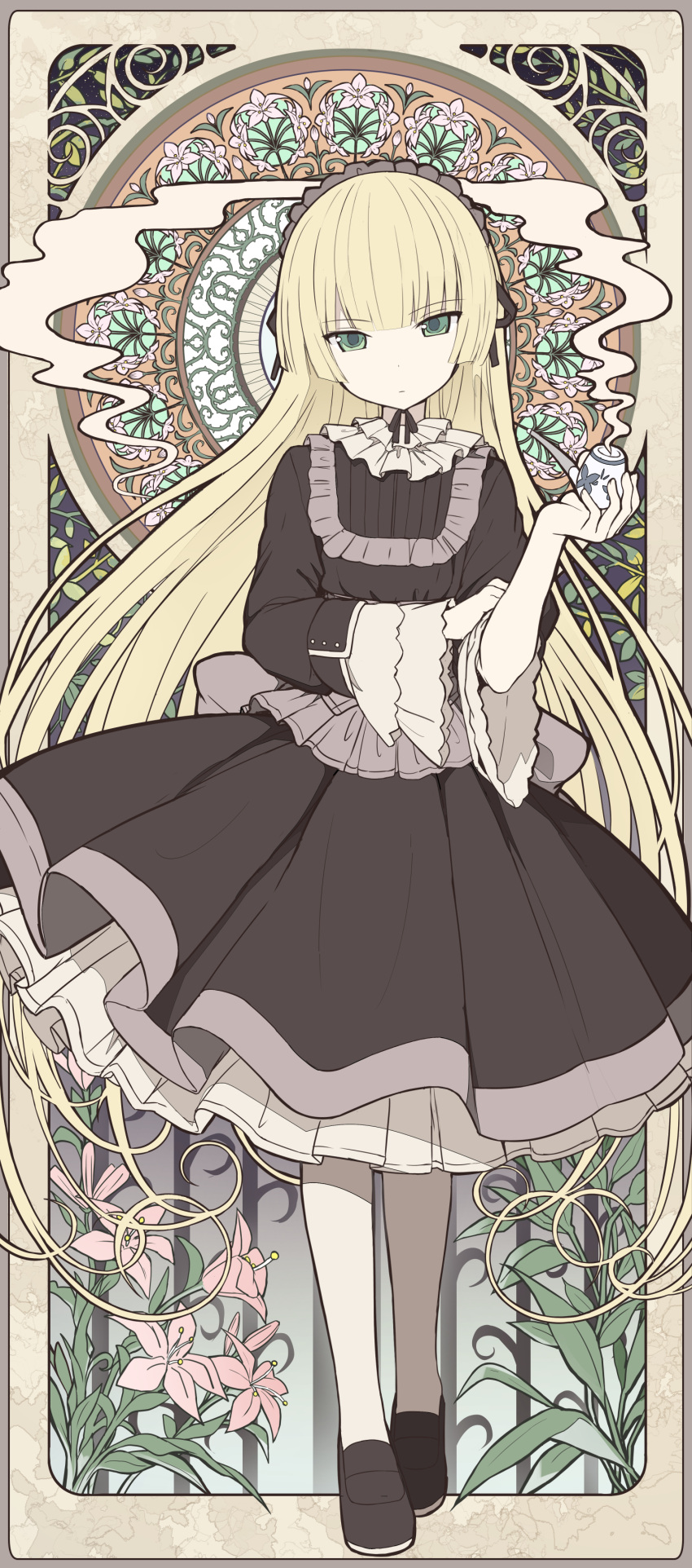 1girl absurdres art_nouveau bangs blonde_hair blunt_bangs brown_dress brown_footwear commentary_request dress eyebrows_visible_through_hair flower frilled_shirt_collar frills full_body gosick greatmosu green_eyes hand_up head_tilt highres holding holding_pipe loafers long_hair long_sleeves pantyhose pink_flower pipe pleated_dress shoes sidelocks smoke solo standing thorns very_long_hair victorica_de_blois white_legwear wide_sleeves