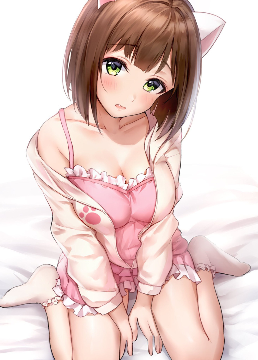 1girl animal_ears bangs bare_shoulders blush bobby_socks breasts brown_hair cardigan cat_ears cleavage collarbone green_eyes highres idolmaster idolmaster_cinderella_girls large_breasts legs looking_at_viewer maekawa_miku off_shoulder on_bed open_cardigan open_clothes open_mouth paw_print pink_camisole short_hair sitting socks solo sweater swept_bangs takeashiro thighs wariza white_background white_sweater