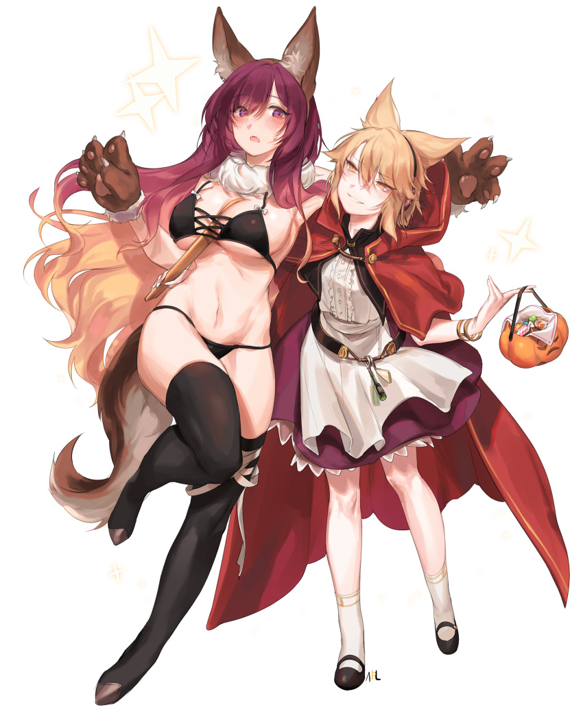 2girls absurdres alternate_costume animal_ear_fluff animal_ears armpits bandage bangs basket belt between_breasts bikini black_belt black_bikini black_footwear black_legwear blonde_hair blouse blush bracelet breasts brown_gloves candy capelet center_opening collar cross-laced_clothes eyebrows_visible_through_hair fake_animal_ears fake_tail fangs food fur_collar fur_trim gloves gradient_hair grin groin hair_between_eyes hands_up head_tilt highres hijiri_byakuren holding holding_basket hood hooded_capelet jewelry large_breasts long_hair looking_at_another looking_at_viewer mary_janes multicolored_hair multiple_girls navel no_shoes open_mouth paw_gloves paws petticoat pointy_hair purple_hair purple_skirt red_capelet ritual_baton shan shoes short_hair skirt smile socks standing standing_on_one_leg stomach sweat swimsuit tail thigh-highs thighs touhou toyosatomimi_no_miko transparent_background very_long_hair violet_eyes white_blouse white_collar white_legwear wolf_ears wolf_tail yellow_eyes