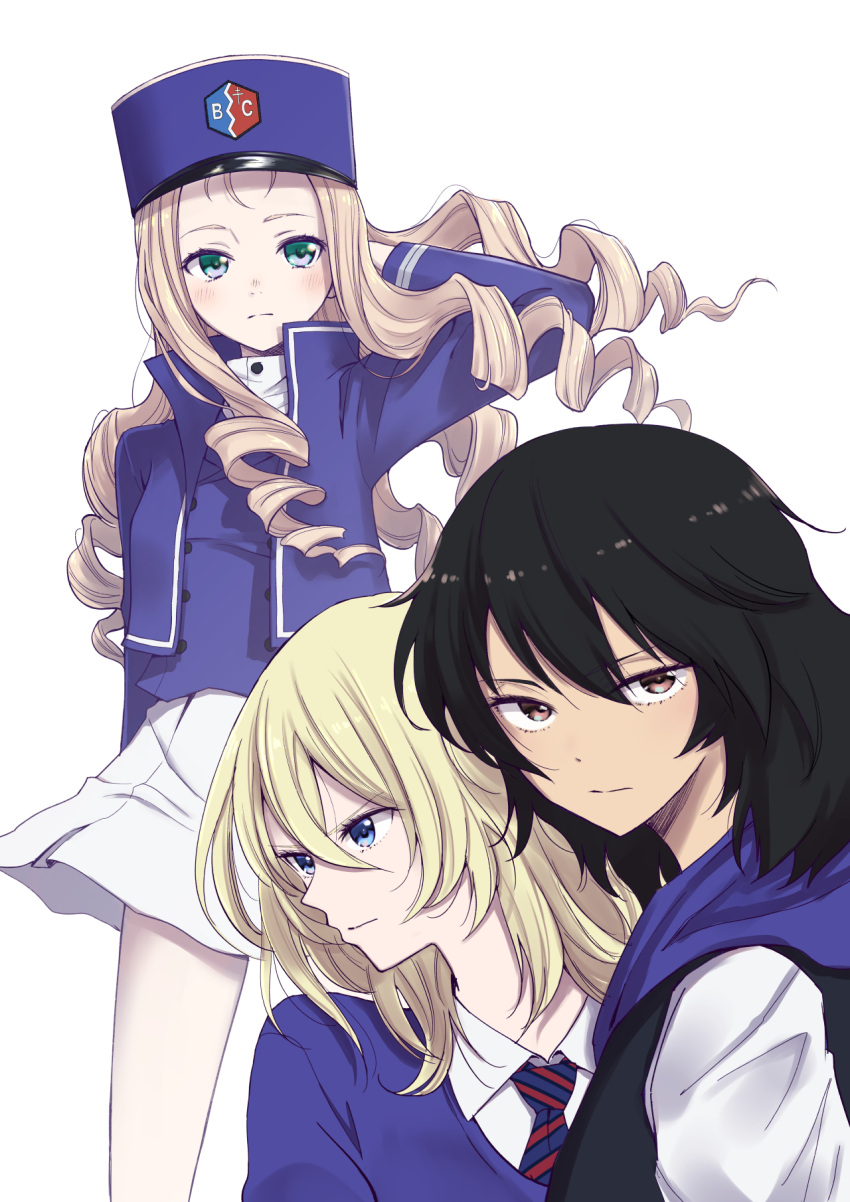 3girls andou_(girls_und_panzer) bangs bc_freedom_(emblem) bc_freedom_military_uniform bc_freedom_school_uniform black_hair black_vest blonde_hair blue_eyes blue_hat blue_jacket blue_neckwear blue_sweater blue_vest brown_eyes closed_mouth commentary_request dark_skin diagonal_stripes dress_shirt drill_hair emblem girls_und_panzer green_eyes hat high_collar highres inumoto jacket light_frown long_hair long_sleeves looking_at_viewer marie_(girls_und_panzer) medium_hair messy_hair military military_hat military_uniform miniskirt multiple_girls necktie oshida_(girls_und_panzer) pleated_skirt red_neckwear school_uniform shako_cap shirt simple_background skirt standing striped striped_neckwear sweater sweater_around_neck uniform vest white_background white_shirt white_skirt wind wing_collar