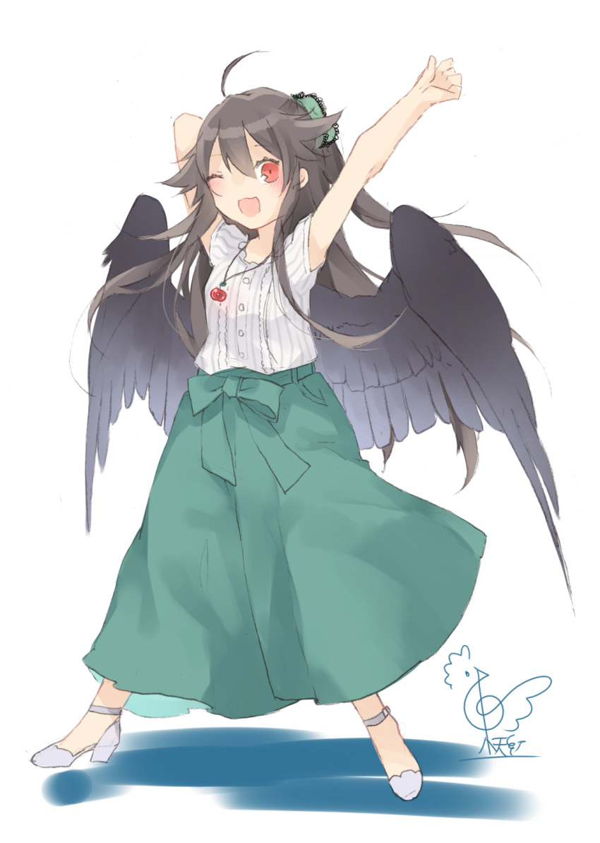 1girl ;d ahoge alternate_costume arms_up bangs black_hair black_wings blush bow casual commentary_request contemporary eyebrows_visible_through_hair feathered_wings full_body green_bow green_skirt hair_between_eyes hair_bow high_heels highres jewelry lace-trimmed_bow lace_trim long_skirt looking_at_viewer no_nose one_eye_closed open_mouth pendant red_eyes reiuji_utsuho shirt short_sleeves signature simple_background skirt smile solo standing touhou toutenkou white_background white_footwear white_shirt wings