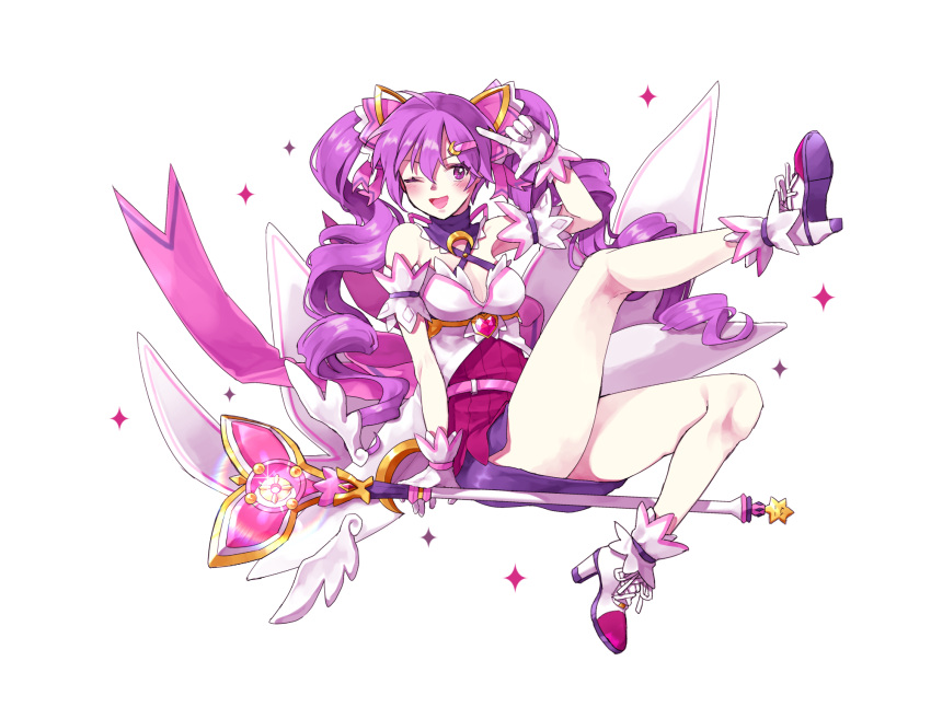 1girl aisha_(elsword) bare_shoulders blush breasts cleavage curly_hair dimension_witch_(elsword) elsword finger_gun gem gloves heart highres inna leg_up magical_girl moon one_eye_closed sitting sitting_on_object smile sparkle_print staff twintails wings