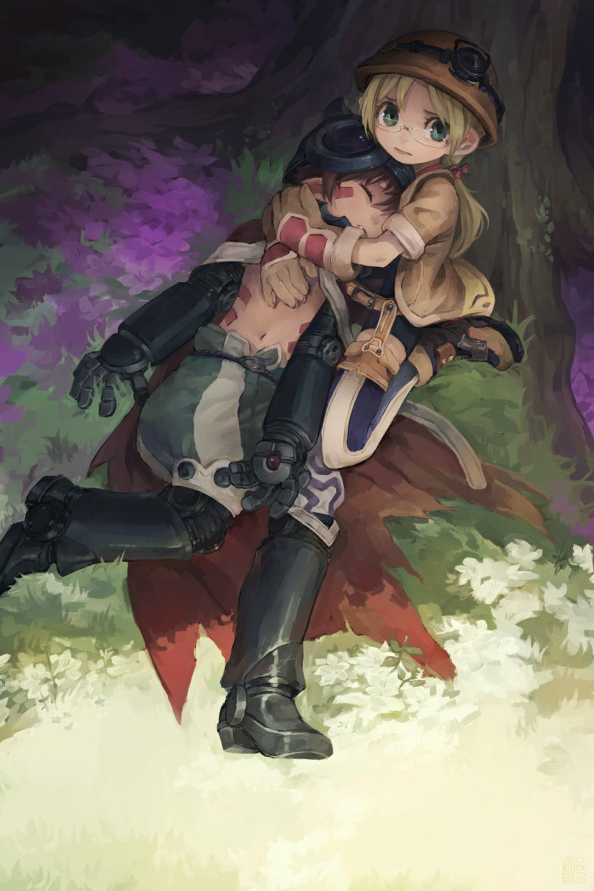 1boy 1girl blonde_hair boots brown_gloves brown_hair brown_hat brown_jacket cape closed_eyes closed_mouth facial_mark flower from_above glasses gloves grass green_eyes hat helmet highres hug jacket long_hair looking_at_viewer low_twintails lying made_in_abyss mim navel on_ground on_side parted_lips pointy_ears regu_(made_in_abyss) riko_(made_in_abyss) rimless_eyewear short_sleeves sitting tree twintails