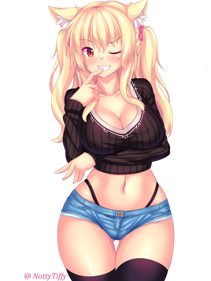 1girl animal_ears black_legwear black_panties blonde_hair blush breasts cat_ears cleavage commentary crop_top denim denim_shorts english_commentary eyebrows_visible_through_hair fast-runner-2024 finger_to_mouth gluteal_fold highleg highleg_panties highres large_breasts long_hair looking_at_viewer original panties red_eyes short_shorts shorts slit_pupils smile solo standing teeth thigh-highs tiffy twintails twitter_username underwear