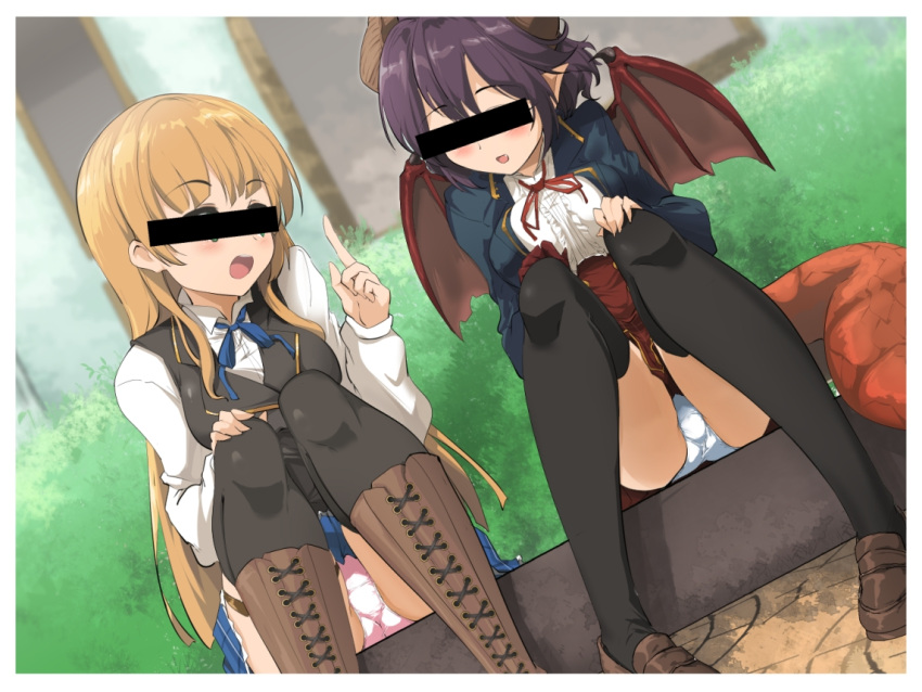 2girls :d black_legwear black_vest blonde_hair blue_jacket blue_ribbon blue_skirt blush boots brown_footwear brown_wings censored center_frills collared_shirt commentary_request cross-laced_footwear dragon_girl dragon_horns dragon_tail dress_shirt dutch_angle frills granblue_fantasy grea_(shingeki_no_bahamut) green_eyes high-waist_skirt horns identity_censor jacket jewelry lace-up_boots loafers long_hair long_sleeves momio multiple_girls neck_ring open_mouth panties pink_panties pleated_skirt purple_hair red_skirt ribbon round_teeth shadowverse shingeki_no_bahamut shirt shoes sitting skirt smile tail teeth thigh-highs underwear upper_teeth very_long_hair vest white_panties white_shirt wings