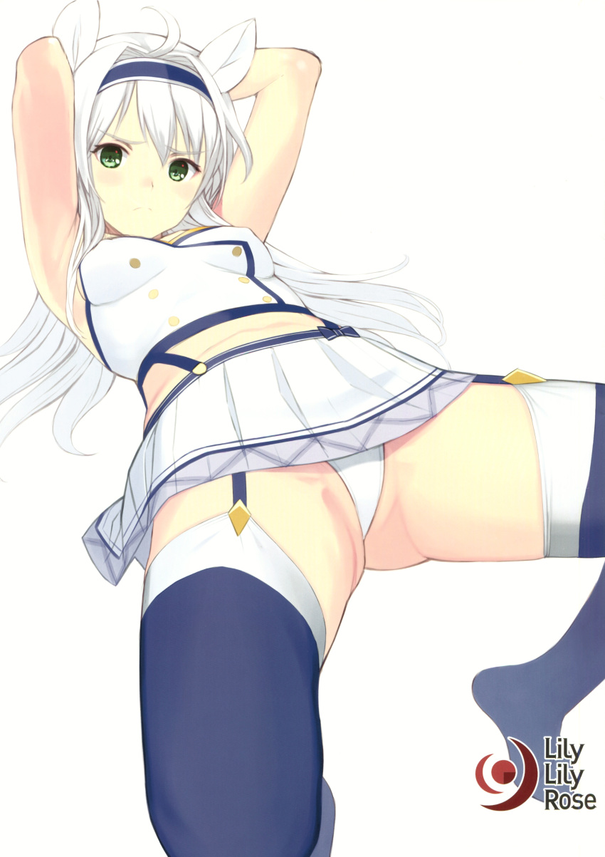 1girl absurdres alzano_school_uniform animal_ears armpits arms_behind_head arms_up bangs blue_legwear capelet closed_mouth eyebrows_visible_through_hair garter_straps green_eyes highres holding long_hair looking_at_viewer mibu_natsuki midriff panties rokudenashi_majutsu_koushi_to_akashic_record scan silver_hair simple_background sistine_fiber skirt sleeveless solo spread_legs thigh-highs underwear white_background white_hair