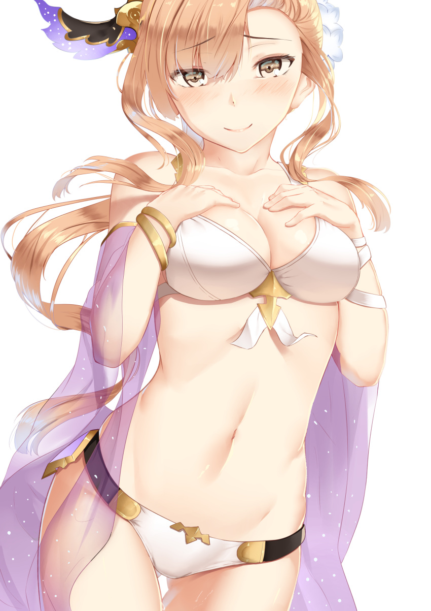 1girl absurdres armband bangs bare_shoulders bikini blush breasts brown_eyes brown_hair cape cleavage closed_mouth collarbone eyebrows_visible_through_hair flower gluteal_fold granblue_fantasy groin hair_between_eyes hair_ornament hand_on_own_chest head_wings highres jewelry long_hair looking_at_viewer medium_breasts mengo navel revision simple_background skindentation smile solo song_(granblue_fantasy) standing swimsuit thighs white_background