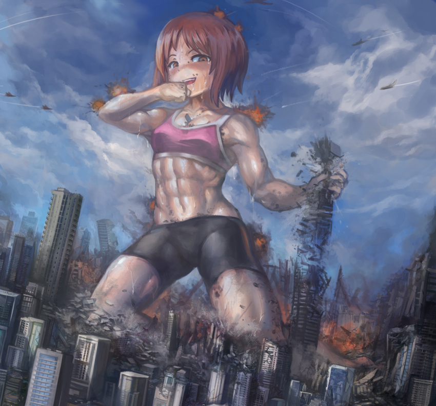 1girl abs bangs bare_arms bare_shoulders biceps bike_shorts black_shorts blue_sky breasts brown_eyes brown_hair city cityscape clouds cloudy_sky collarbone commentary_request crushing day destruction dutch_angle giantess girls_und_panzer half-closed_eyes hand_to_own_mouth looking_at_viewer midriff muscle muscular_female navel nishizumi_miho open_mouth outdoors pink_sports_bra raised_eyebrows rubble short_hair shorts size_difference sky small_breasts smoke sports_bra sweat sweating_profusely vehicle_request yilx