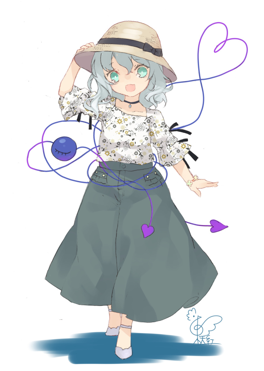 1girl :d alternate_headwear aqua_eyes arm_up bangs black_bow black_choker bow brown_hat choker collarbone commentary_request eyebrows_visible_through_hair floral_print flower_bracelet full_body green_pants hair_between_eyes hat hat_bow head_tilt heart heart_of_string highres komeiji_koishi looking_at_viewer open_mouth pants shadow shirt shoes short_hair signature silver_hair simple_background smile solo standing third_eye touhou toutenkou white_background white_footwear white_shirt