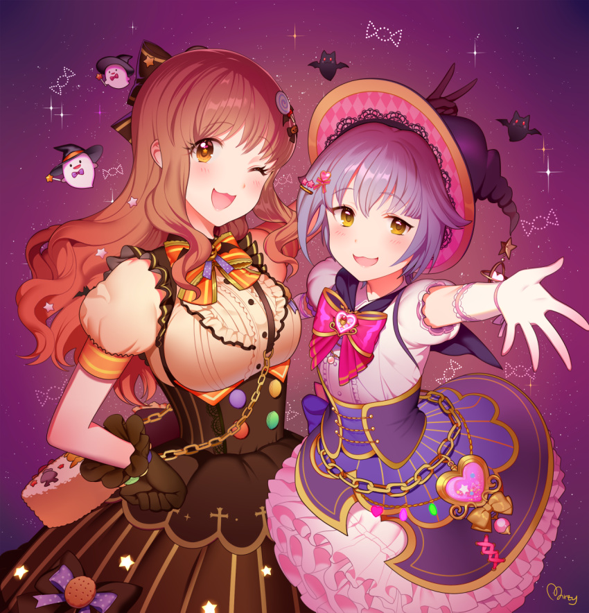 2girls :3 bag black_gloves blush bow brown_eyes brown_hair food_themed_hair_ornament frilled_gloves frilled_skirt frills ghost gloves hair_bow hair_ornament halloween hand_on_hip handbag hat highres idolmaster idolmaster_cinderella_girls koshimizu_sachiko layered_skirt long_hair looking_at_viewer marty_(chochomi16) moroboshi_kirari multiple_girls one_eye_closed open_mouth outstretched_arm puffy_short_sleeves puffy_sleeves purple_hair short_hair short_sleeves signature skirt star star_(sky) star_hair_ornament underbust v white_gloves witch_hat yellow_eyes