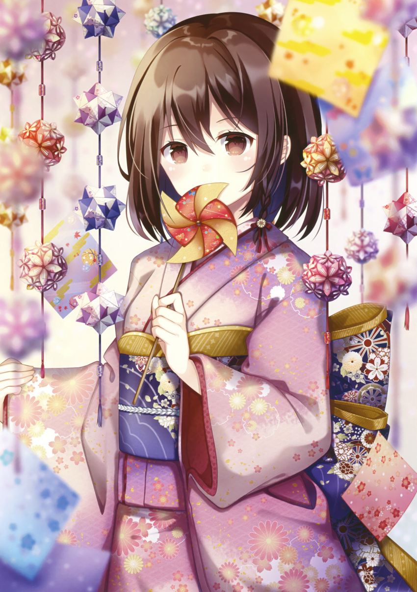 1girl absurdres bangs blurry blurry_background blurry_foreground blush bow braid brown_eyes brown_hair depth_of_field floral_print flower hair_between_eyes hair_flower hair_ornament hair_ribbon highres holding japanese_clothes kimono kusada_souta large_bow long_sleeves looking_at_viewer obi original pink_kimono pinwheel print_kimono purple_bow red_ribbon ribbon sash scan short_hair side_braid sleeves_past_wrists solo upper_body wide_sleeves