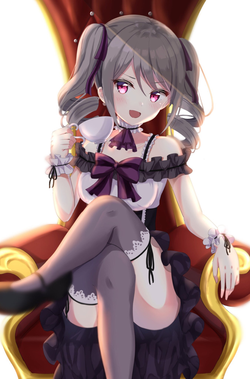 1girl :d blush chair cup detached_collar dress drill_hair frilled_dress frilled_straps frills grey_hair grey_legwear hair_ribbon high_heels highres holding holding_cup idolmaster idolmaster_cinderella_girls idolmaster_cinderella_girls_starlight_stage kanzaki_ranko kichi_(kichifav) legs_crossed looking_at_viewer medium_hair open_mouth purple_dress purple_ribbon ribbon sitting sleeveless sleeveless_dress smile solo teacup thigh-highs twin_drills violet_eyes wrist_cuffs