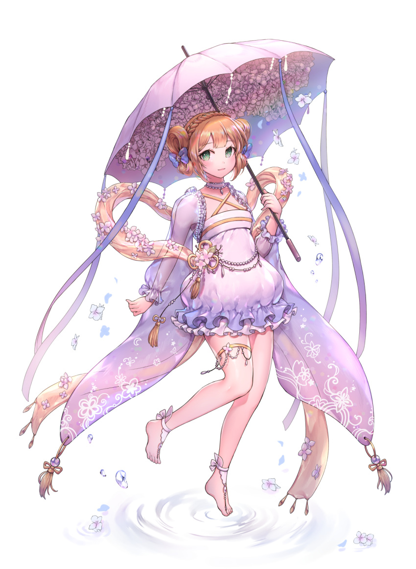 1girl anklet barefoot barefoot_sandals blue_bow blush bow brown_hair choker closed_mouth eyebrows_visible_through_hair flower full_body green_eyes hair_bow highres holding holding_umbrella jewelry long_sleeves looking_at_viewer original ozzingo ripples short_hair smile solo umbrella water_drop