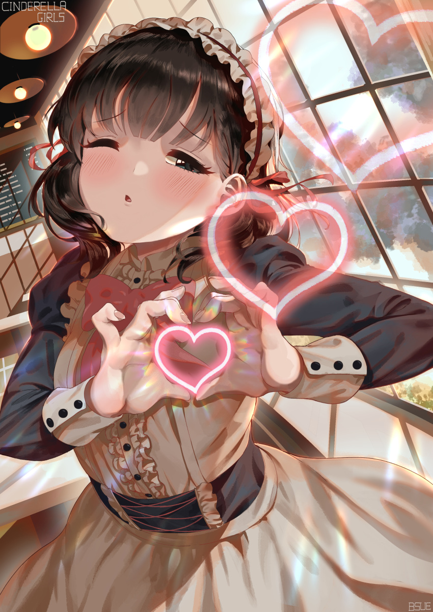 1girl absurdres blush bow breasts brown_eyes brown_hair bsue copyright_name eyebrows_visible_through_hair heart heart_hands highres idolmaster idolmaster_cinderella_girls idolmaster_cinderella_girls_starlight_stage long_sleeves looking_at_viewer maid maid_headdress medium_breasts one_eye_closed parted_lips pink_bow sakuma_mayu short_hair solo