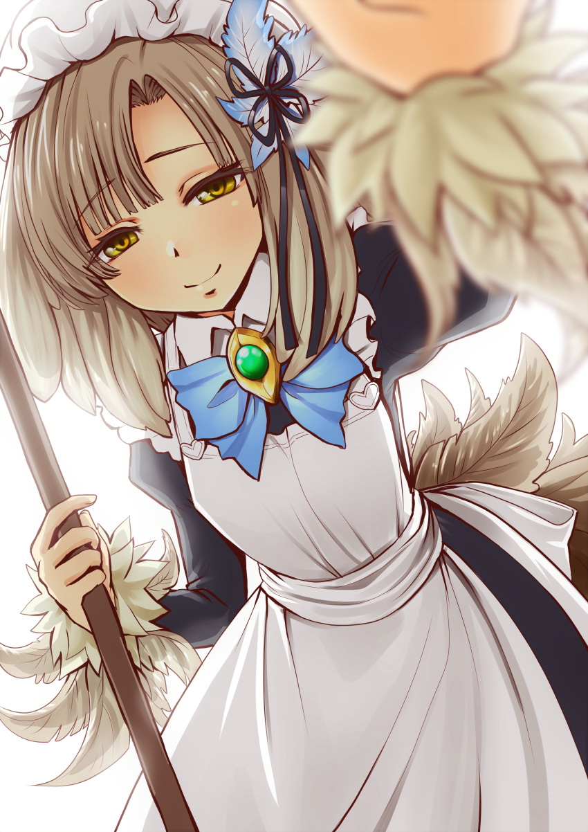 1girl absurdres apron backlighting bad_deviantart_id bad_id blue_neckwear blurry blurry_foreground depth_of_field eyebrows_visible_through_hair eyes_visible_through_hair feather_hair_ornament feathers hair_ornament hat highres incoming_headpat juliet_sleeves kikimora_(monster_girl_encyclopedia) light_brown_hair long_sleeves looking_at_viewer maid maid_apron medium_hair monster_girl monster_girl_encyclopedia outstretched_arm puffy_sleeves purdoy25 simple_background smile solo white_background yellow_eyes