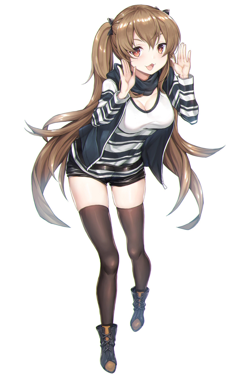 1girl :3 absurdres alternate_costume bangs belt black_ribbon black_shorts blue_scarf blush boots breasts brown_eyes brown_hair brown_legwear cleavage full_body girls_frontline hair_between_eyes hair_ornament hair_ribbon hairclip hands_up highres hood hood_down hooded_jacket jacket jju_kumey leaning_forward long_hair long_sleeves looking_at_viewer medium_breasts open_clothes open_jacket open_mouth ribbon scar scar_across_eye scarf shirt short_shorts shorts sidelocks sleeveless_jacket smile striped striped_shirt thigh-highs twintails ump9_(girls_frontline) white_background