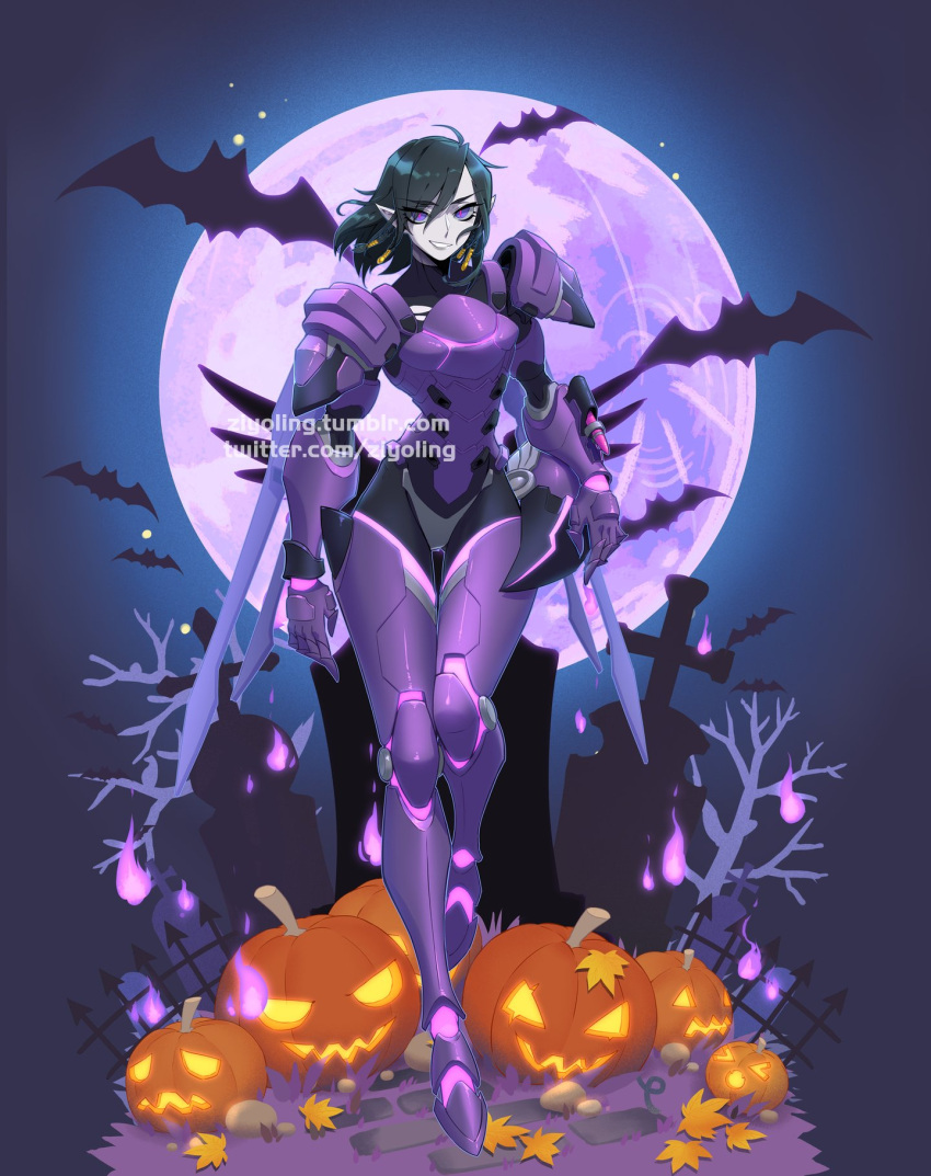 1girl alternate_costume bat black_hair bodysuit dark_skin full_moon graveyard grey_skin hair_tubes halloween halloween_costume helmet highres jack-o'-lantern leaves mechanical_wings moon night overwatch pharah_(overwatch) pointy_ears possessed_pharah power_armor pumpkin slit_pupils smile solo tombstone tumblr_username twitter_username watermark web_address wings ziyo_ling