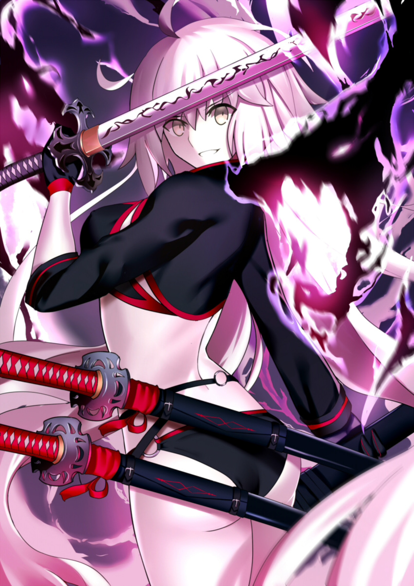 1girl ahoge ass back bangs belt bikini black_bikini black_fire black_gloves black_jacket breasts commentary_request cropped_jacket dragon fate/grand_order fate_(series) fire gloves grin hair_between_eyes highres hips jacket jeanne_d'arc_(alter_swimsuit_berserker) jeanne_d'arc_(fate)_(all) katana long_hair looking_at_viewer looking_back medium_breasts o-ring pale_skin paperfinger sheath silver_hair smile solo swimsuit sword thighs very_long_hair waist weapon yellow_eyes