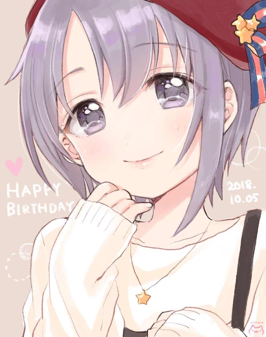 1girl beret blush commentary dated eyebrows_visible_through_hair grey_eyes grey_hair happy_birthday hat heart highres idolmaster idolmaster_cinderella_girls jewelry looking_at_viewer monaca_y necklace otokura_yuuki ribbon short_hair signature sleeves_past_wrists smile solo star star_necklace sweater upper_body
