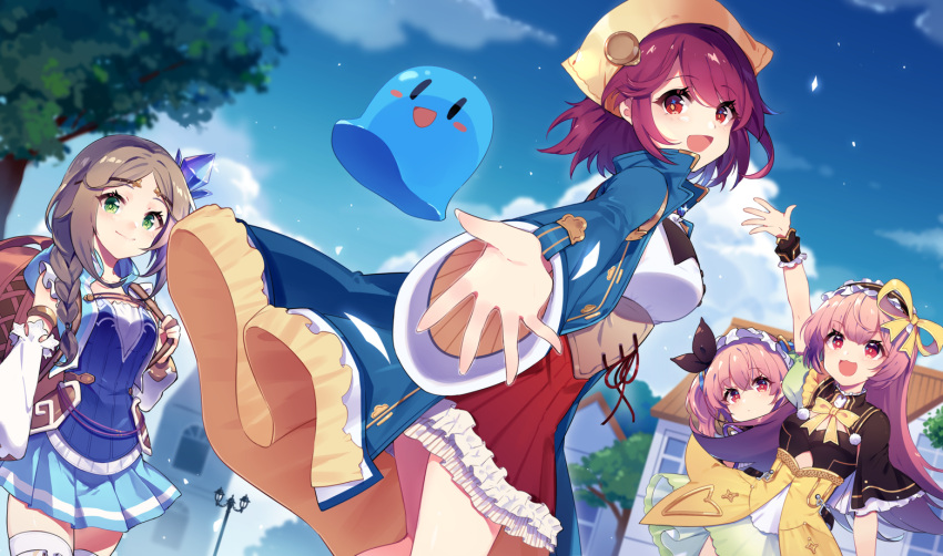 4girls atelier_(series) atelier_firis atelier_lydie_&amp;_suelle atelier_sophie black_bow blush bow bowtie braid breasts coat dress firis_mistlud frilled_dress frills green_eyes hair_ornament hairband long_hair looking_at_viewer looking_back lydie_marlen medium_breasts multiple_girls open_mouth pink_eyes pink_hair pleated_skirt puni_(atelier) red_eyes redhead sharlorc short_hair siblings side_braid single_braid sisters skirt small_breasts smile sophie_neuenmuller suelle_marlen yellow_bow