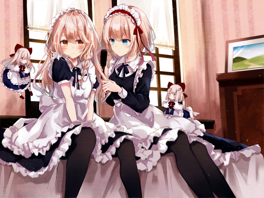 4girls alice_margatroid alternate_costume apron bangs bed black_dress black_legwear black_neckwear black_ribbon blonde_hair blue_dress blue_eyes blush bow braid breasts capelet commentary_request curtains dress enmaided eyebrows_visible_through_hair feet_out_of_frame floating frilled_apron frilled_capelet frills hair_between_eyes hair_bow hair_brush hairband highres holding holding_hair indoors kirisame_marisa kisaragi_yuri light_particles long_hair long_sleeves looking_at_another looking_at_viewer maid maid_apron maid_headdress medium_breasts multiple_girls neck_ribbon no_hat no_headwear pantyhose petticoat picture_frame puffy_short_sleeves puffy_sleeves red_bow red_footwear red_hairband red_neckwear red_ribbon ribbon shanghai_doll shoes short_hair short_sleeves single_braid sitting small_breasts socks touhou waist_apron wallpaper_(object) white_bow white_capelet white_legwear window yellow_eyes