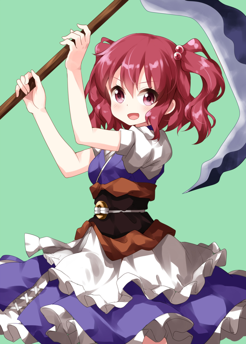 1girl :d apron arms_up bangs blue_dress blush breasts brown_sash commentary_request cowboy_shot dress eyebrows_visible_through_hair frilled_apron frills green_background hair_between_eyes hair_bobbles hair_ornament highres holding holding_scythe holding_weapon looking_at_viewer medium_breasts obi onozuka_komachi open_mouth petticoat puffy_short_sleeves puffy_sleeves redhead ruu_(tksymkw) sash scythe short_hair short_sleeves simple_background smile solo standing touhou two_side_up violet_eyes waist_apron weapon white_apron