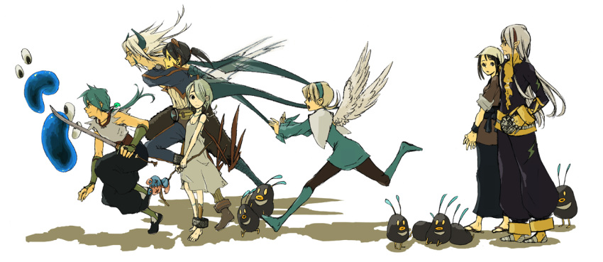 alternate_form angel_wings bad_id bad_pixiv_id blonde_hair blue_hair breath_of_fire breath_of_fire_iv breath_of_fire_v crossover dress fou-lu gloves horns long_hair mami_(breath_of_fire) monster multiple_boys multiple_girls nina_(breath_of_fire_iv) nina_(breath_of_fire_v) pantyhose pointy_ears red_wings ryuu_(breath_of_fire_iv) ryuu_(breath_of_fire_v) short_hair sword weapon white_dress white_hair white_wings wings