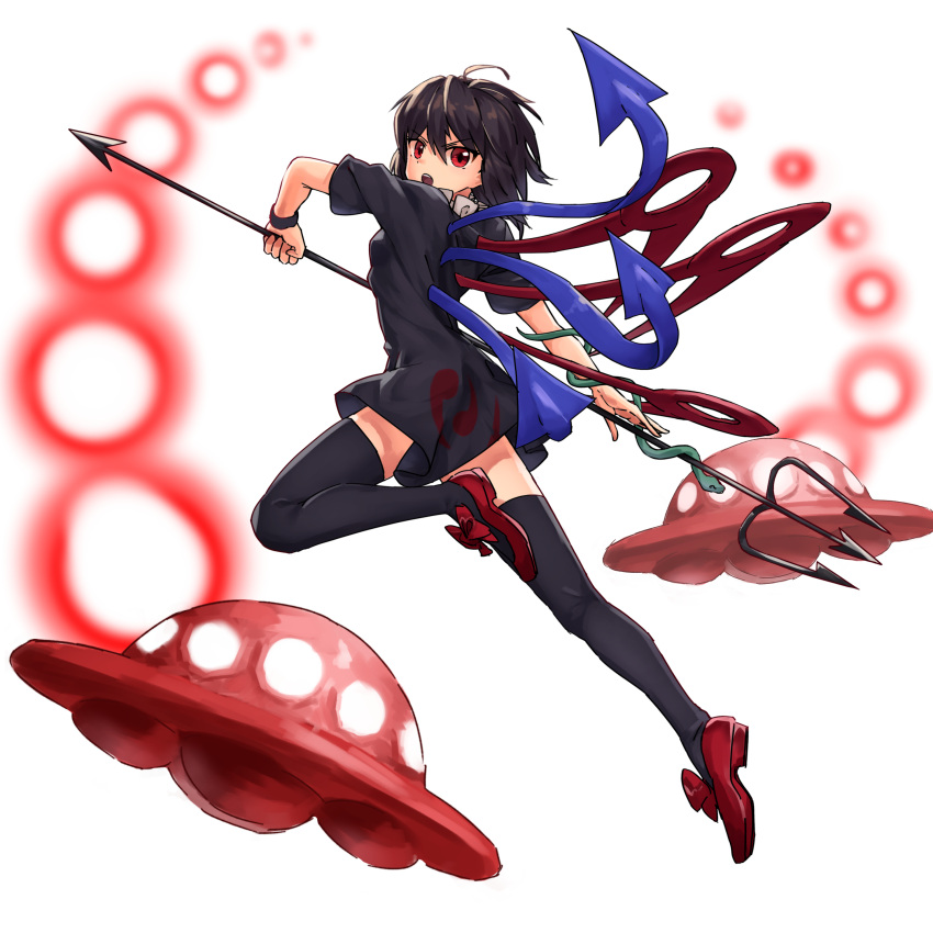 1girl absurdres ahoge animal asymmetrical_wings bangs black_dress black_hair black_legwear blue_wings breasts danmaku dress full_body hair_between_eyes highres holding holding_weapon houjuu_nue medium_hair nob1109 open_mouth polearm red_eyes red_footwear red_wings shoes simple_background small_breasts snake solo teeth thigh-highs touhou trident ufo v-shaped_eyebrows weapon white_background wings wristband zettai_ryouiki