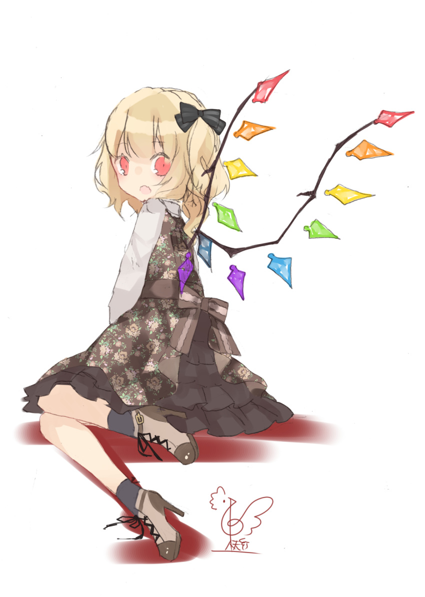 1girl bangs black_bow blonde_hair blush boots bow brown_dress brown_footwear commentary_request crystal dress eyebrows_visible_through_hair flandre_scarlet floral_print from_behind full_body grey_legwear hair_between_eyes hair_bow high_heel_boots high_heels highres long_hair long_sleeves looking_at_viewer looking_back no_hat no_headwear one_side_up petticoat red_eyes shadow shirt signature simple_background sitting socks solo touhou toutenkou white_background white_shirt wings