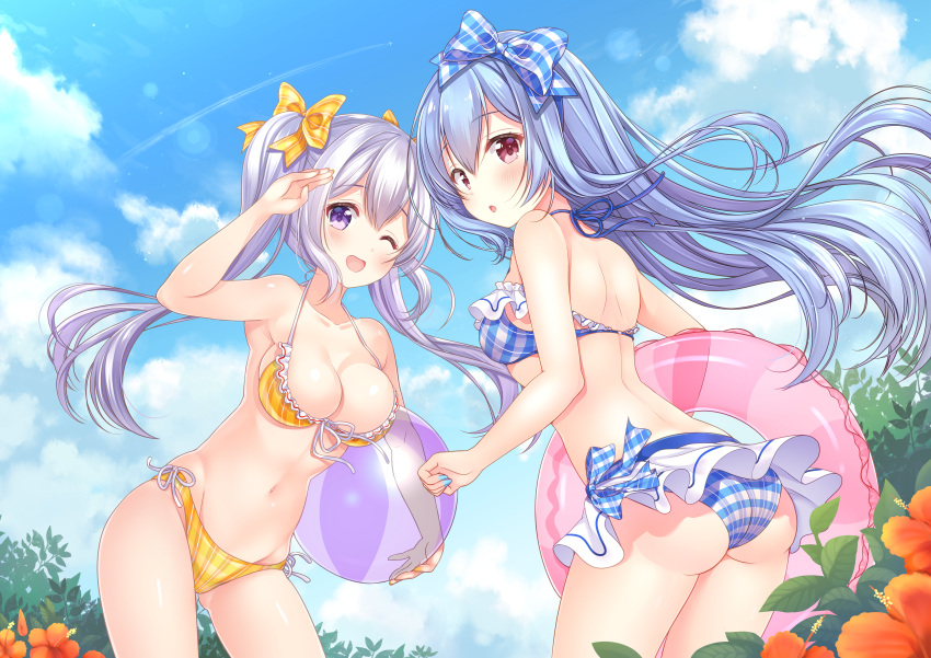 :d :o ;d absurdres aoba_chise aoba_project aoba_rena ass ass_visible_through_thighs ball bikini bikini_skirt blue_bikini blue_bow blue_hair blue_nails blue_sky blush bow breasts cleavage clouds collarbone condensation_trail cowboy_shot day eyebrows_visible_through_hair flower frilled_bikini frills front-tie_bikini front-tie_top hair_between_eyes hair_bow hairband hand_up hibiscus highres holding holding_ball huge_filesize innertube lavender_hair leaning_forward lens_flare long_hair looking_at_viewer looking_back medium_breasts nail_polish navel one_eye_closed open_mouth orange_bikini orange_bow orange_nails outdoors plaid plaid_bikini plaid_bow red_eyes sakura_moyon siblings side-tie_bikini sisters sky small_breasts smile standing striped striped_bow swimsuit twintails very_long_hair violet_eyes