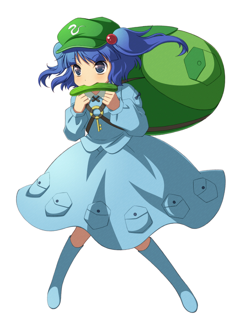 1girl absurdres backpack bag blue_dress blue_eyes blue_footwear blue_hair boots cucumber dress full_body highres holding_strap kawashiro_nitori key knee_boots long_hair mouth_hold official_art simple_background solo touhou twintails white_background