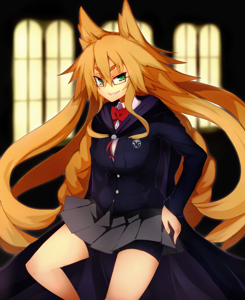 1girl alder animal_ears bow brown_hair eyebrows_visible_through_hair fox_ears glasses green_eyes grey_skirt grin hand_on_hip highres long_hair long_sleeves looking_at_viewer majo_to_hyakkihei metallica_(majo_to_hyakkihei) parted_lips red_bow school_uniform skirt smile solo teeth very_long_hair