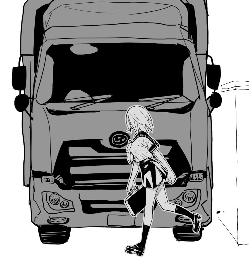 1girl absurdres bag comic food food_in_mouth full_body greyscale ground_vehicle highres monochrome motor_vehicle mouth_hold original running satchel school_uniform serafuku shoes short_hair sketch socks toast toast_in_mouth translation_request truck velzhe