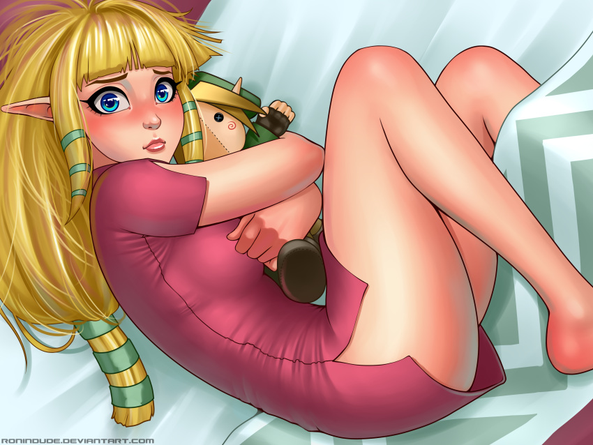 1girl absurdres bangs barefoot blonde_hair blue_eyes blunt_bangs blush bottomless breasts character_doll commentary doll_hug dress eyebrows fetal_position hair_ribbon highres light_smile link lips long_hair low-tied_long_hair lying medium_breasts messy_hair nintendo nose on_side pink_dress pointy_ears princess_zelda revision ribbon ronindude short_dress sidelocks solo the_legend_of_zelda the_legend_of_zelda:_skyward_sword watermark web_address