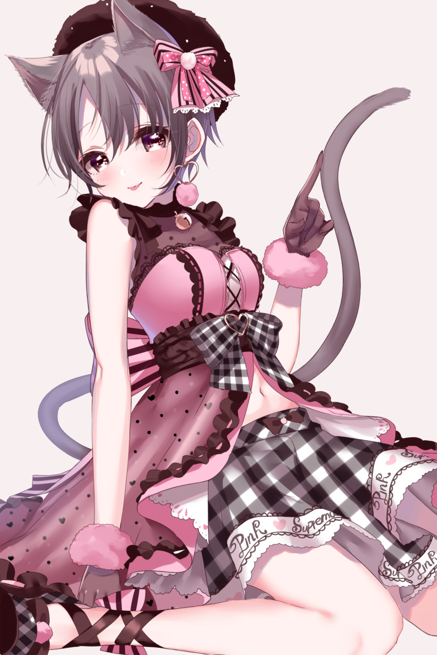 1girl :p animal_ears bell beret blush bow breasts brown_gloves brown_hat cat_ears cat_girl cat_tail closed_mouth commentary_request dress earrings fur-trimmed_gloves fur_trim gloves hair_bow hat head_tilt heart heart_earrings highres idolmaster idolmaster_cinderella_girls index_finger_raised jewelry jingle_bell kemonomimi_mode looking_at_viewer medium_breasts misumi_(macaroni) otokura_yuuki pink_bow pink_dress plaid plaid_skirt polka_dot polka_dot_bow sitting skirt smile solo striped striped_bow tail tail_raised tongue tongue_out wariza