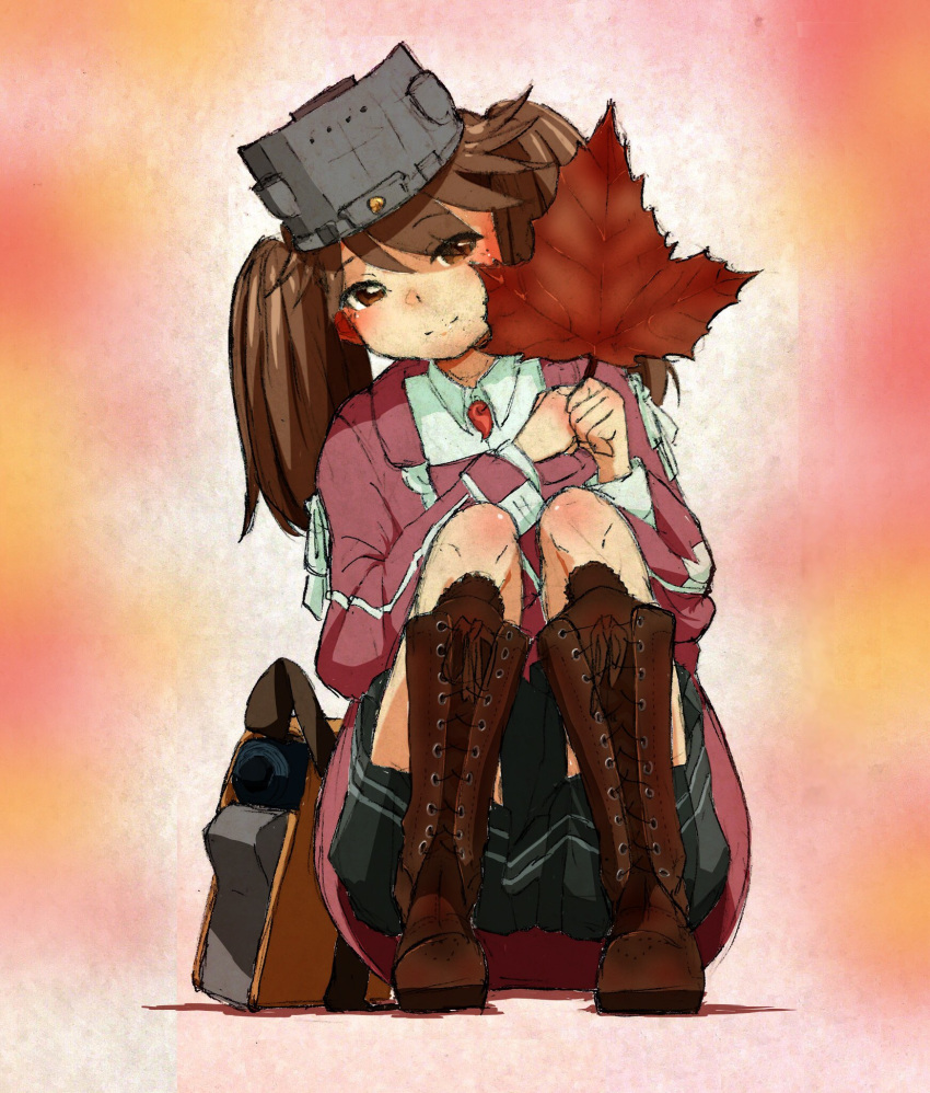 bag black_skirt boots brown_hair commentary_request flat_chest highres japanese_clothes kantai_collection kariginu leaf magatama maple_leaf namakura_neo ryuujou_(kantai_collection) skirt twintails visor_cap