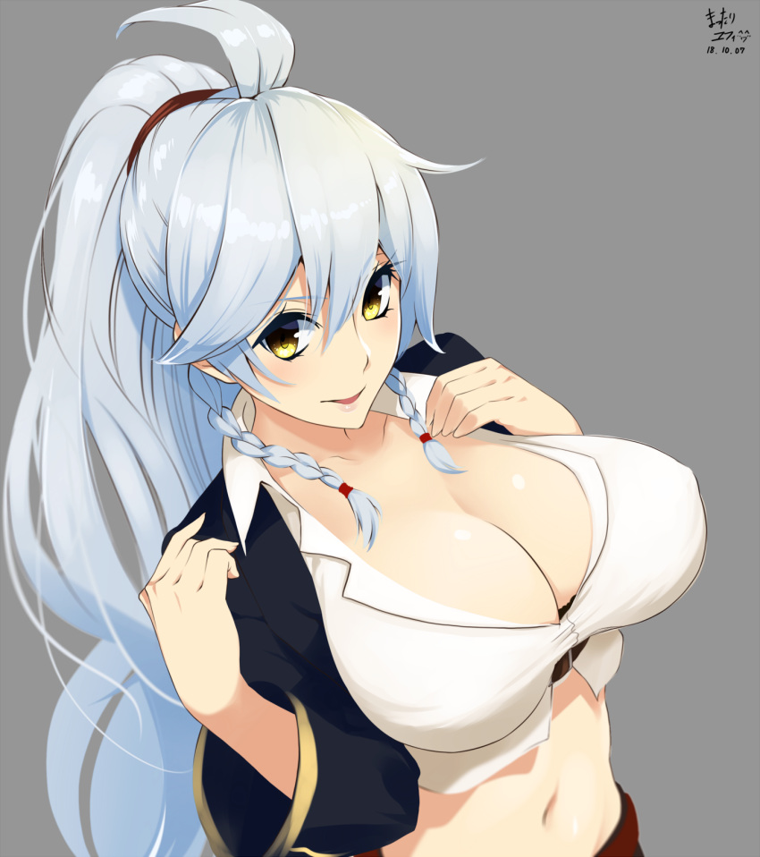 1girl ahoge bangs black_jacket blush braid breasts cleavage collarbone commentary_request crop_top cropped_jacket dated eyebrows_visible_through_hair from_above granblue_fantasy hair_between_eyes hands_on_own_chest highres jacket large_breasts long_hair looking_at_viewer mattari_yufi midriff navel open_clothes open_jacket parted_lips signature silva_(granblue_fantasy) silver_hair simple_background solo twin_braids upper_body very_long_hair wavy_hair yellow_eyes