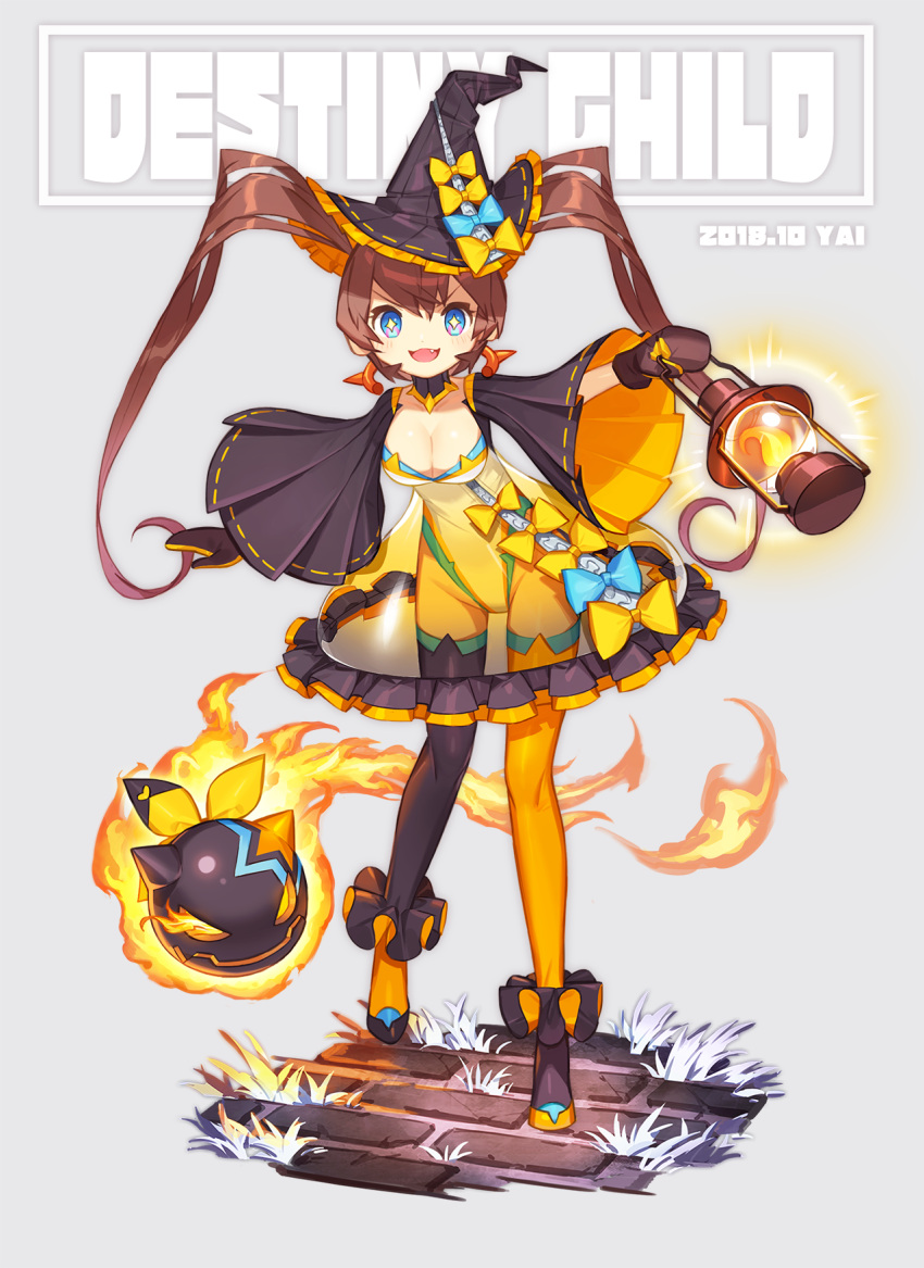 1girl black_hat black_legwear blue_bow blue_eyes blush bow breasts brown_hair character_request cleavage destiny_child eyebrows_visible_through_hair fire full_body hat hat_bow highres holding_lantern lantern long_hair looking_at_viewer medium_breasts mittens open_mouth orange_legwear smile solo sparkling_eyes standing standing_on_one_leg thigh-highs twintails witch_hat yai_noah yellow_bow