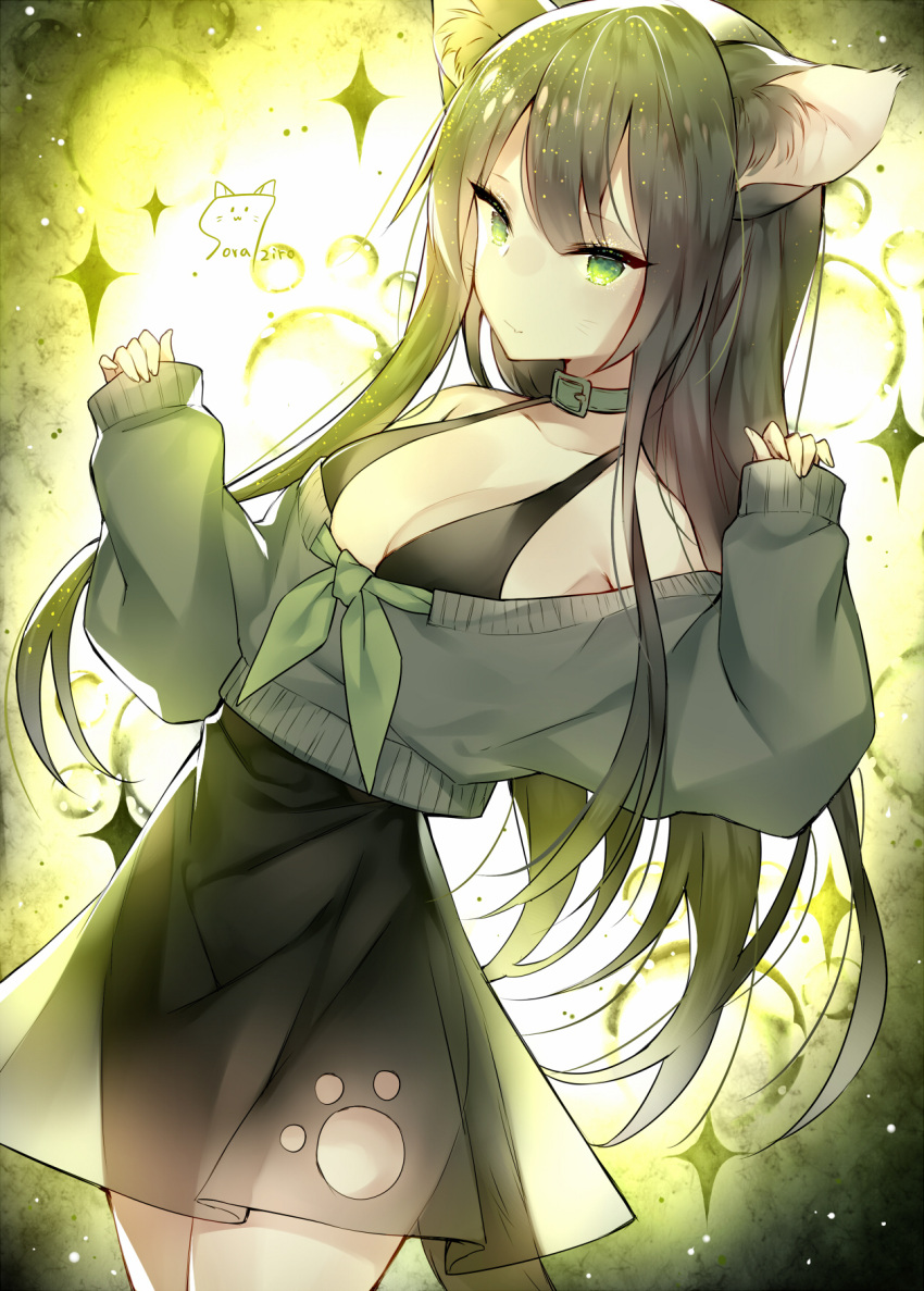 1girl animal_ear_fluff animal_ears bangs bare_shoulders black_dress breasts brown_hair cat_ears closed_mouth collarbone commentary_request dress dutch_angle eyebrows_visible_through_hair fingernails green_eyes green_neckwear grey_sweater highres long_hair long_sleeves looking_at_viewer medium_breasts neckerchief off-shoulder_sweater original pinching_sleeves signature sleeveless sleeveless_dress sleeves_past_wrists solo sparkle sweater touwa_nikuman very_long_hair whisker_markings