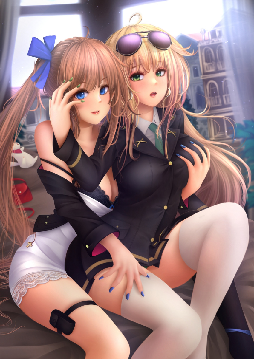 2girls ahoge anakin_sky_(utcc) aviator_sunglasses bangs blonde_hair blue_bra blue_eyes blue_nails blush bow bra breast_grab breasts brown_hair building choker cleavage cross day dress earrings eyebrows_visible_through_hair eyewear_on_head fal_(girls_frontline) ferret girls_frontline grabbing green_eyes green_nails hand_on_another's_face hand_on_another's_thigh highres hoop_earrings indoors jacket jewelry large_breasts lingerie long_hair looking_at_viewer m1918_bar_(girls_frontline) messy_hair multiple_girls nail_polish necktie off_shoulder open_mouth ribbon side_ponytail single_thighhigh sitting skindentation smile sunglasses thigh-highs thigh_strap underwear very_long_hair white_dress white_legwear window yuri